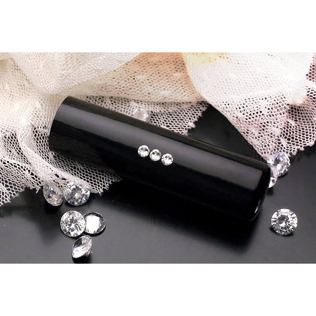 銀行印13.5mm/認印12.0mmの印鑑2本セット スリーストーンクリスタル黒水牛 【ピンク・ファンシーケース付】